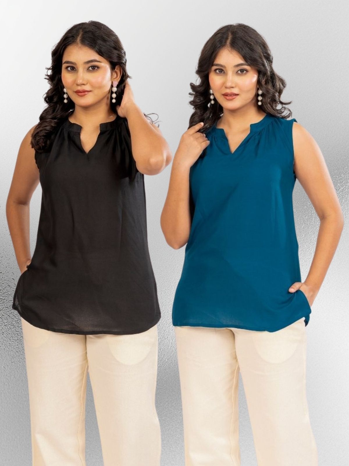 Black & TealBlue Viscose Gathered Neckline Tops Combo