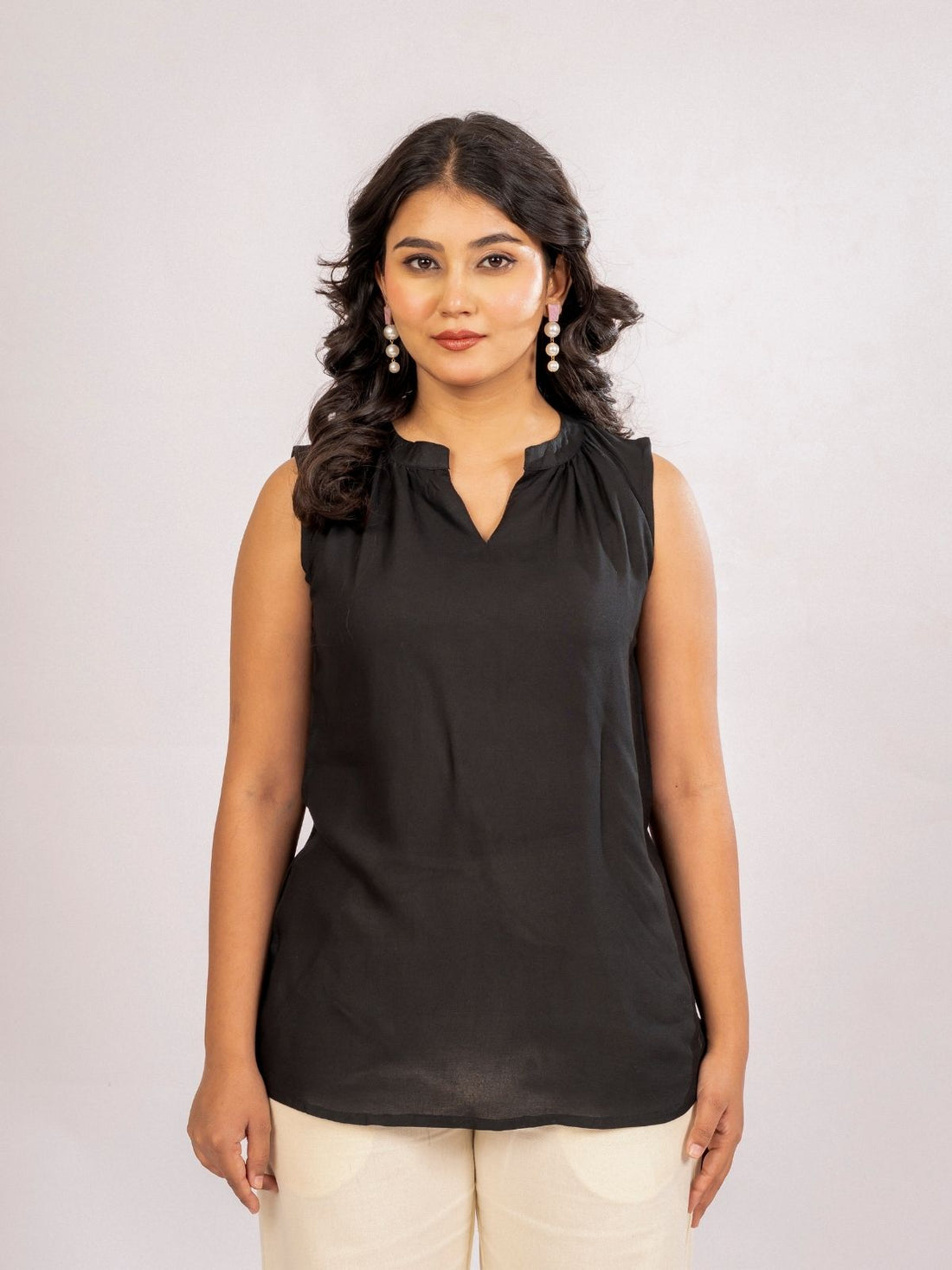 Black Viscose Gathered Neckline Tops
