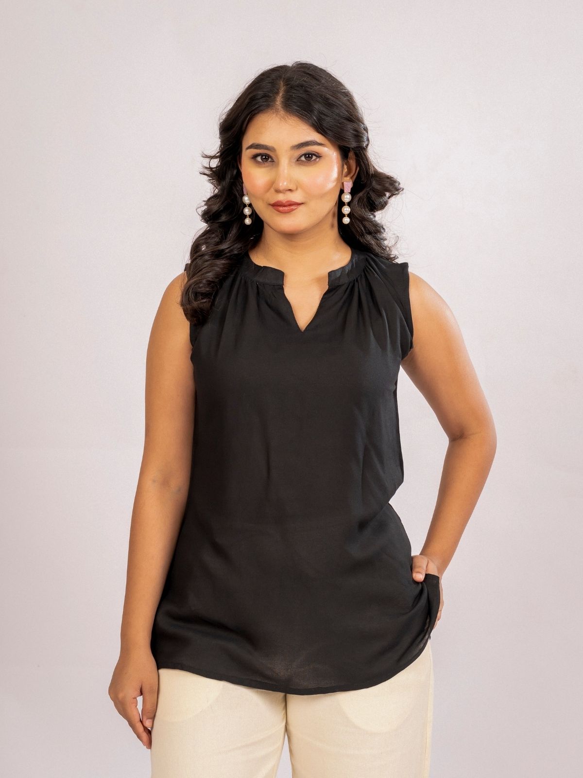 Black Viscose Gathered Neckline Tops
