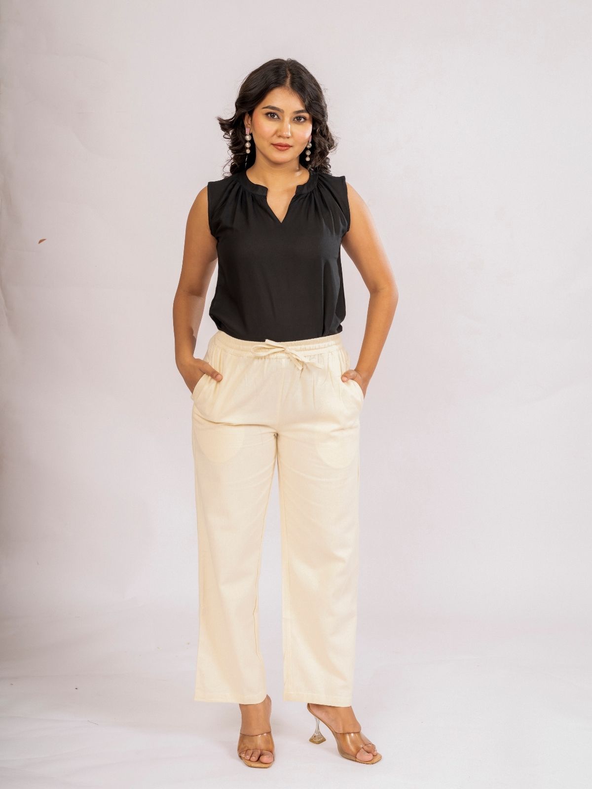 Black Viscose Gathered Neckline Tops