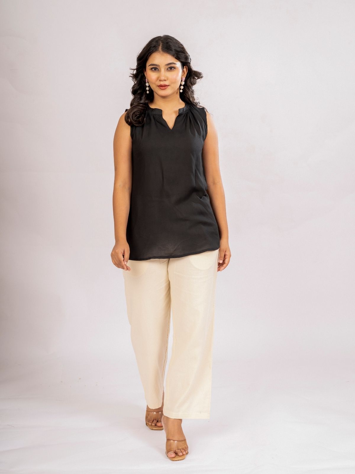 Black Viscose Gathered Neckline Tops