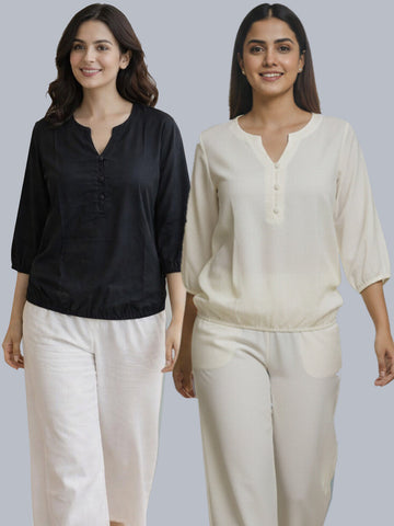 Pack Of 2 Black and Cream Viscose Waist-Fit Tops