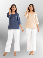 Blue & Light Beige Everyday Cotton Square Neck Top