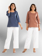 Blue & Light Brown Everyday Cotton Square Neck Top