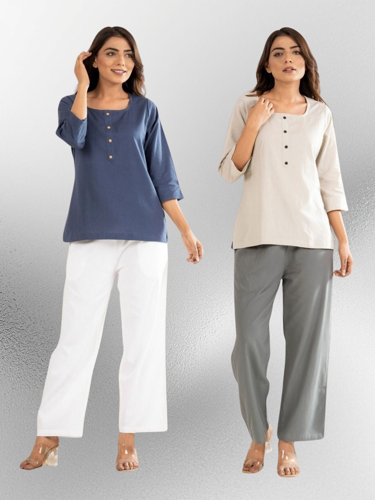 Blue & Light Grey Everyday Cotton Square Neck Top