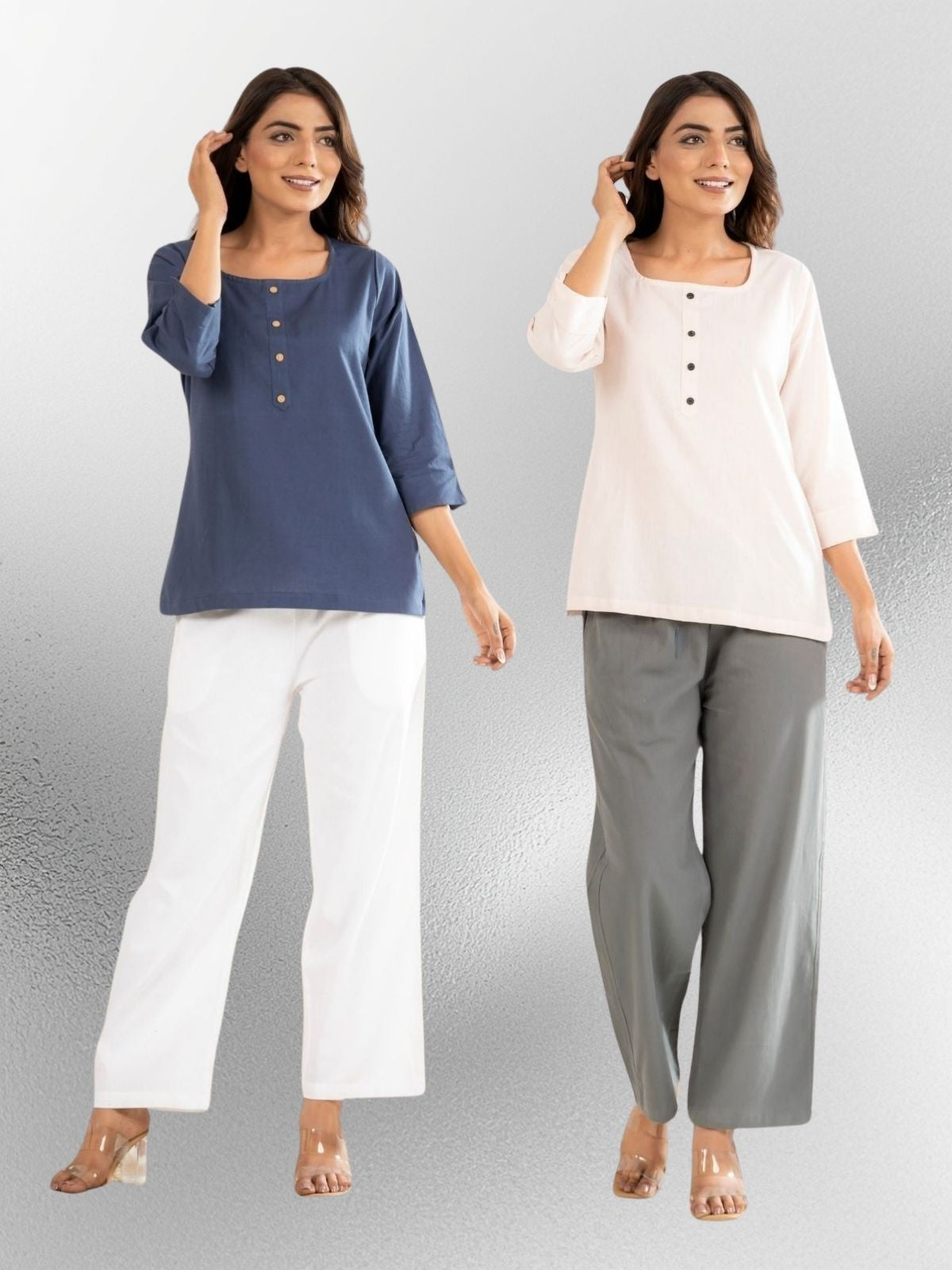 Blue & Light Peach Everyday Cotton Square Neck Top