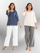 Blue & Light Peach Everyday Cotton Square Neck Top