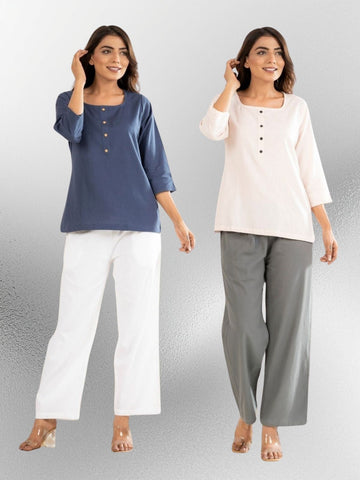 Blue & Light Peach Everyday Cotton Square Neck Top