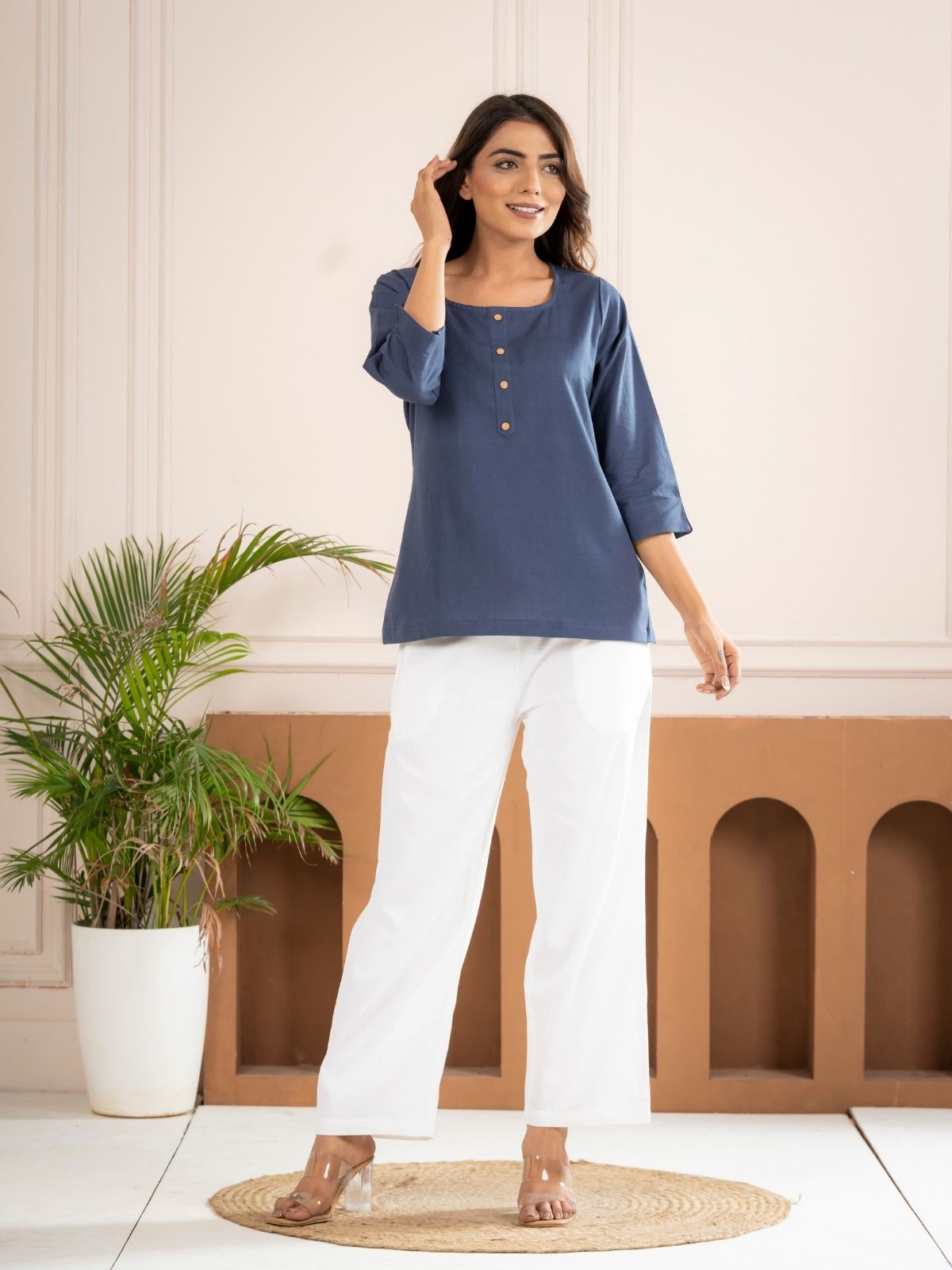 Blue Everyday Cotton Square Neck Top