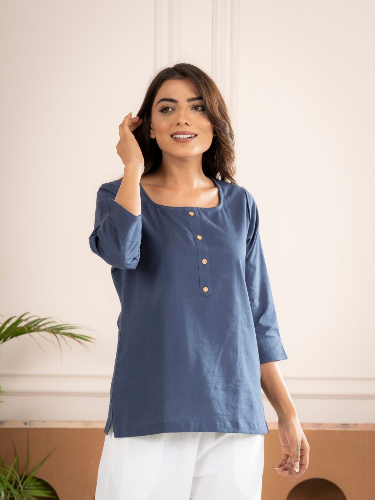 Blue Everyday Cotton Square Neck Top