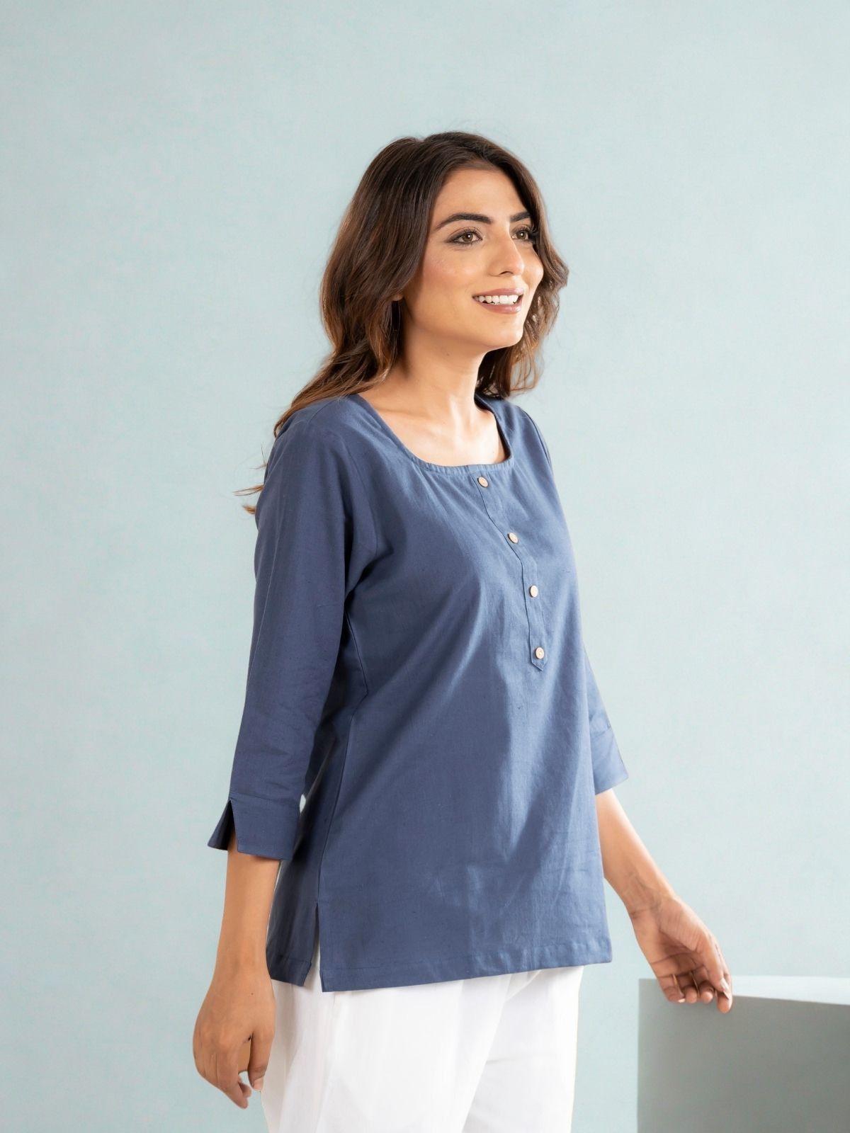 Blue & White Everyday Cotton Square Neck Top