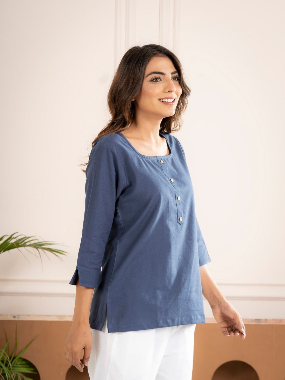Blue Everyday Cotton Square Neck Top