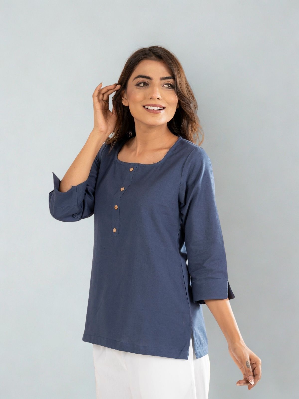 Blue & Chocolate Everyday Cotton Square Neck Top