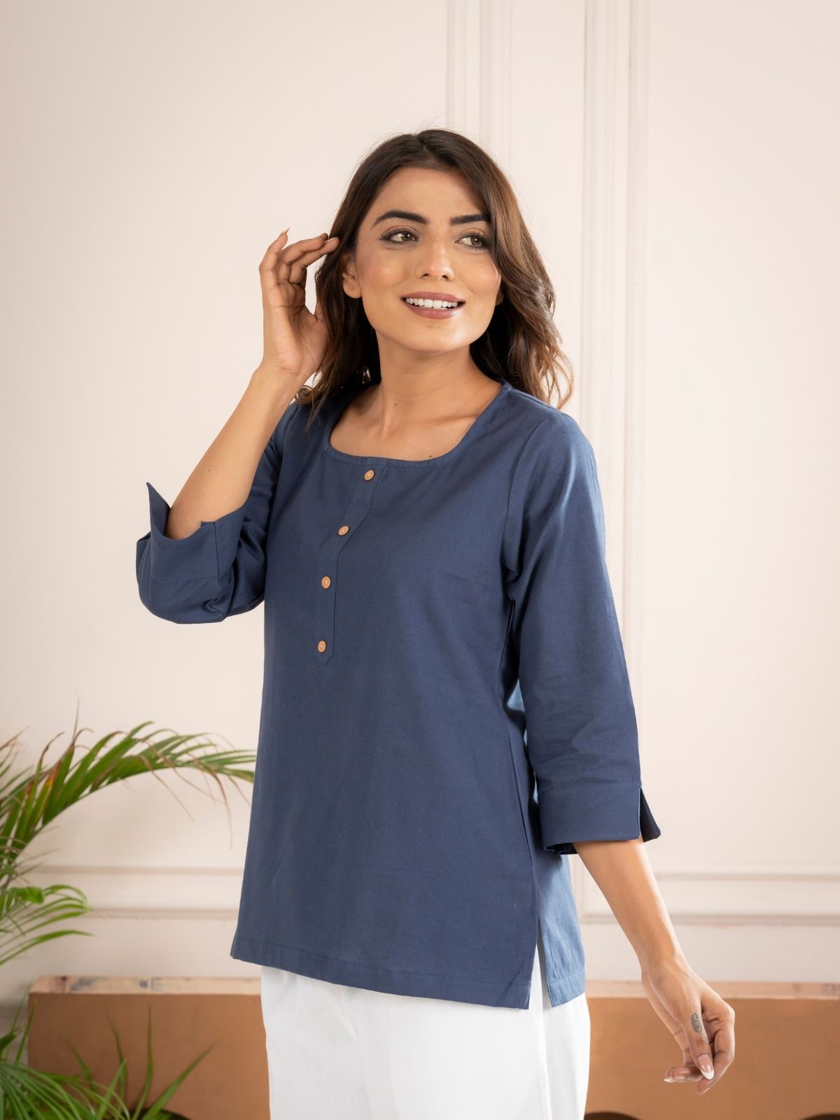 Blue Everyday Cotton Square Neck Top