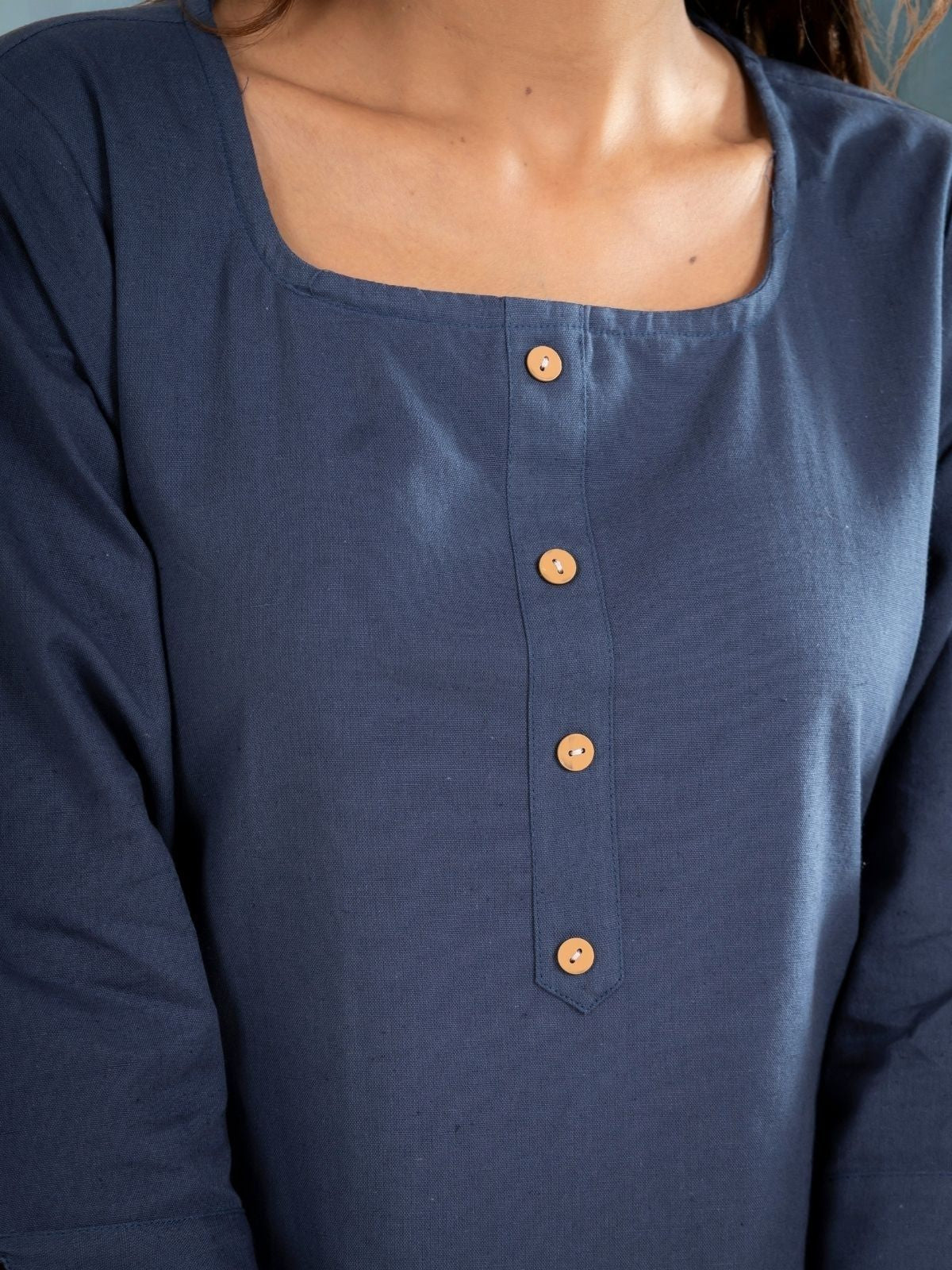 Blue & Light Peach Everyday Cotton Square Neck Top