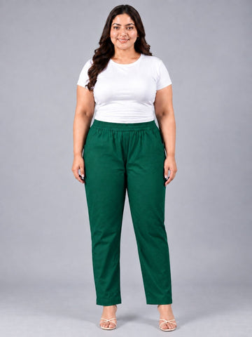 Bottle Green Regular Fit Elastic Plus Sizes Cotton Trouser