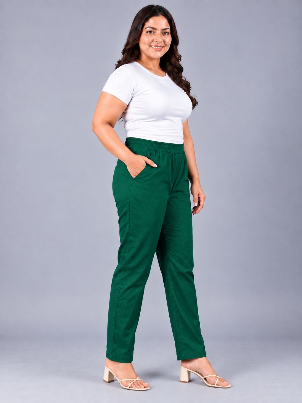 Bottle Green Regular Fit Elastic Plus Sizes Cotton Trouser