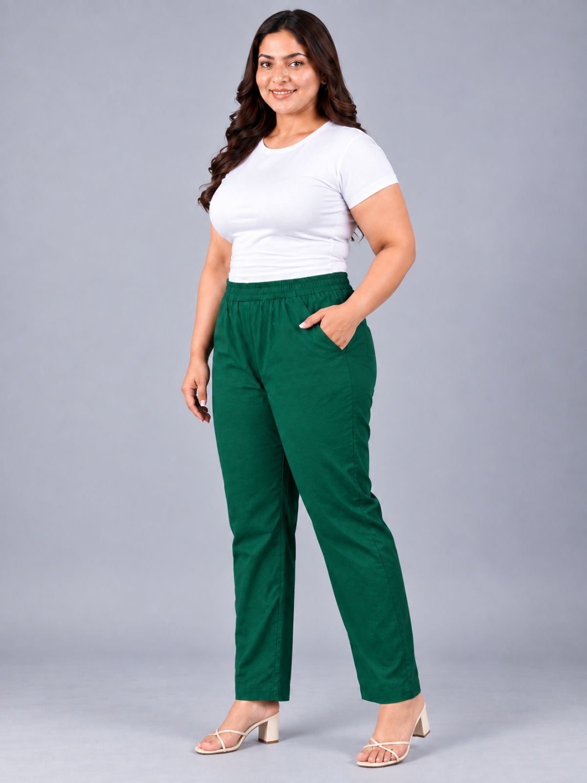 Bottle Green Regular Fit Elastic Plus Sizes Cotton Trouser