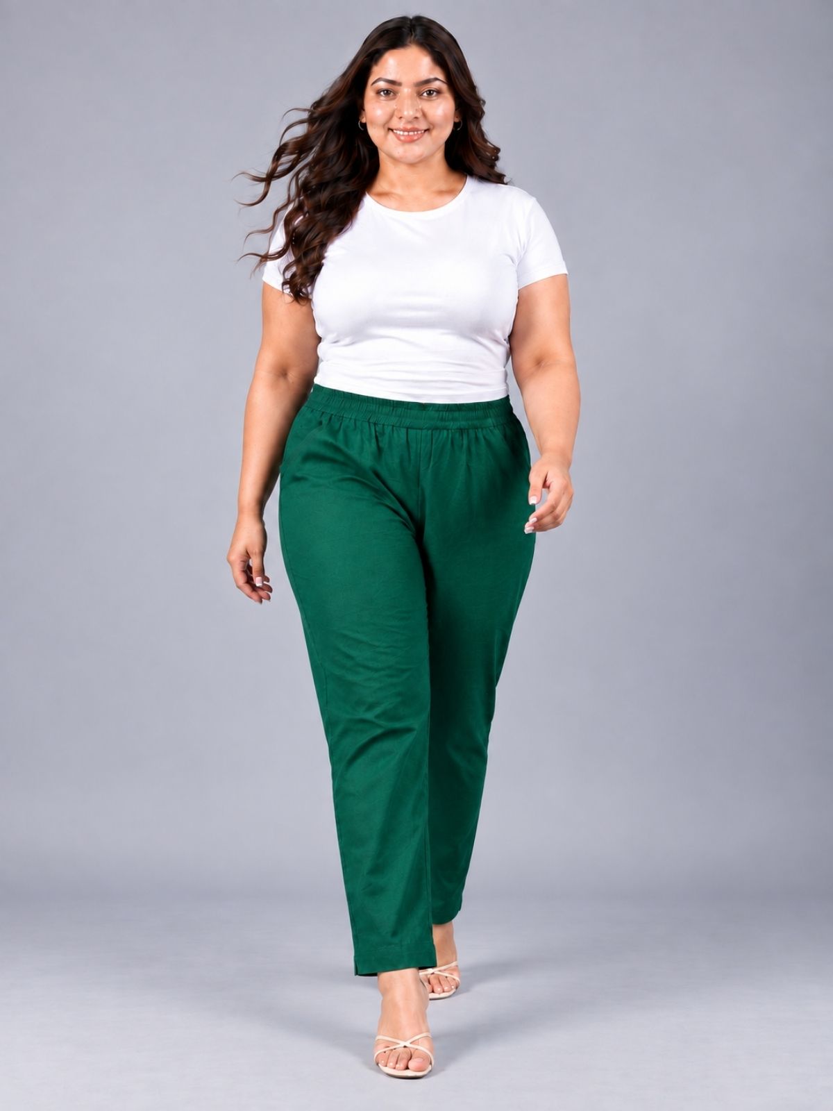 Bottle Green Regular Fit Elastic Plus Sizes Cotton Trouser