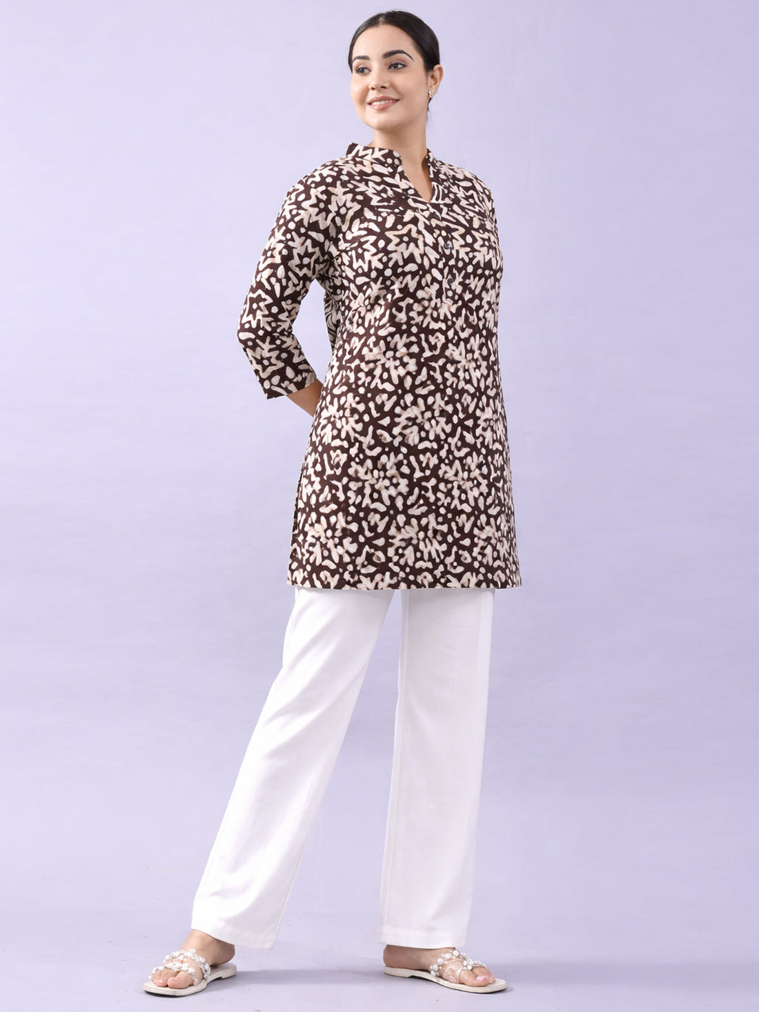 Brown Cotton Block Print Short Kurti