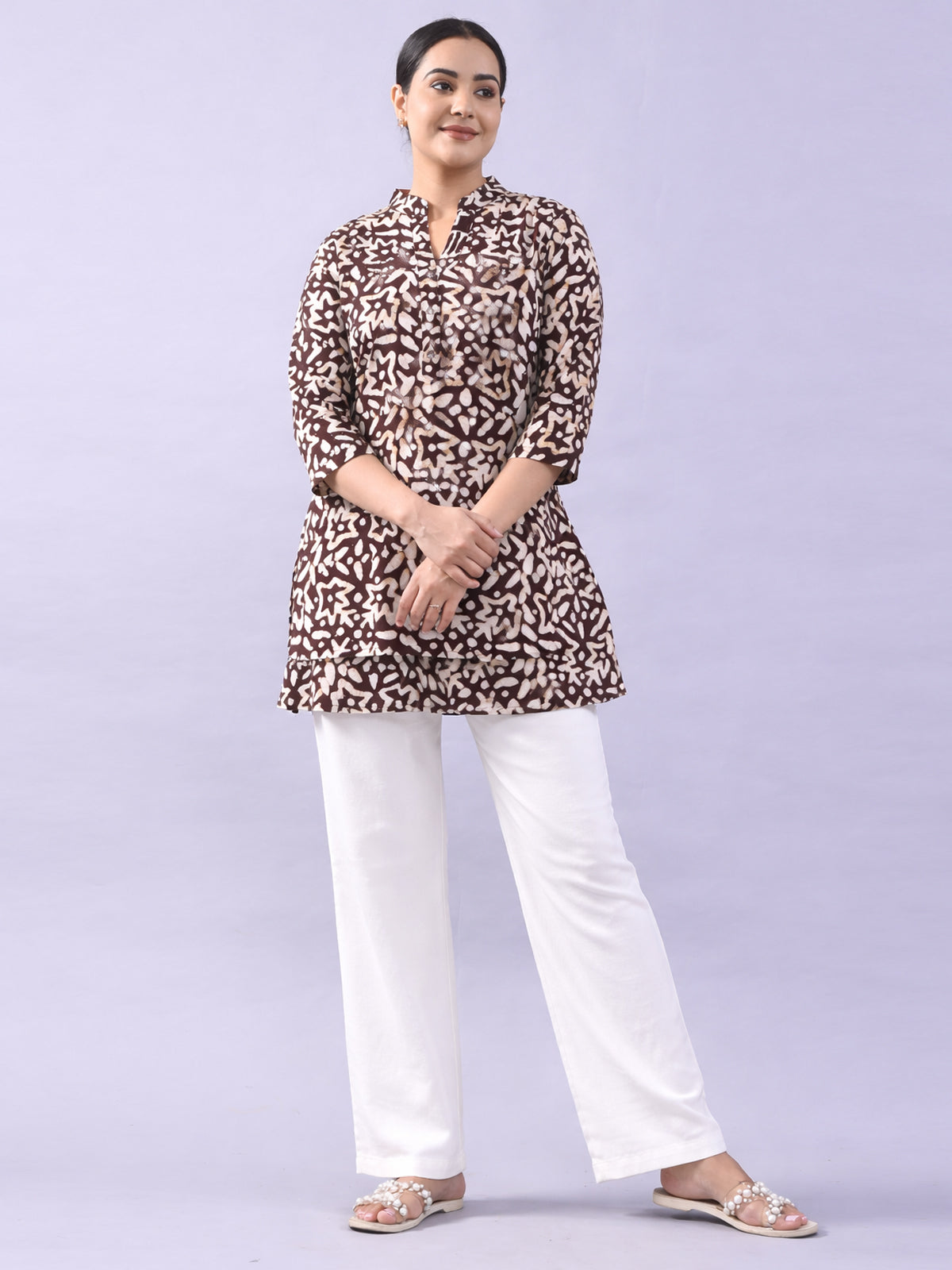 Brown Cotton Block Print Short Kurti