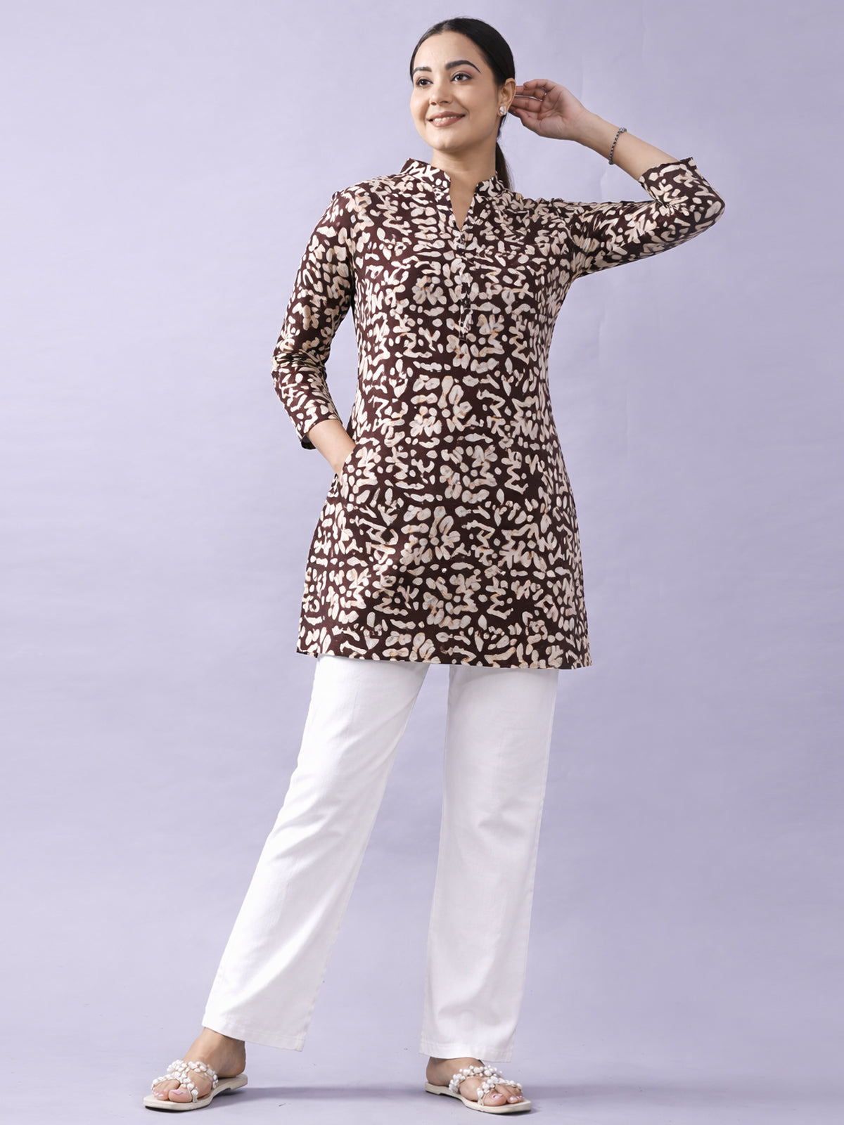 Brown Cotton Block Print Short Kurti