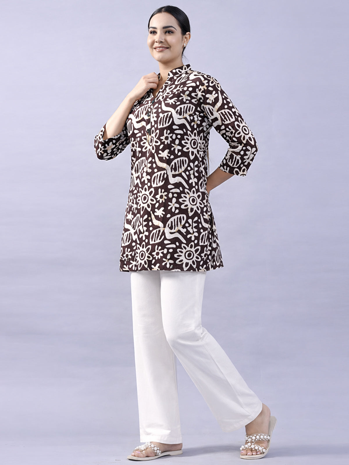 Brown Cotton Block Print Short Kurti
