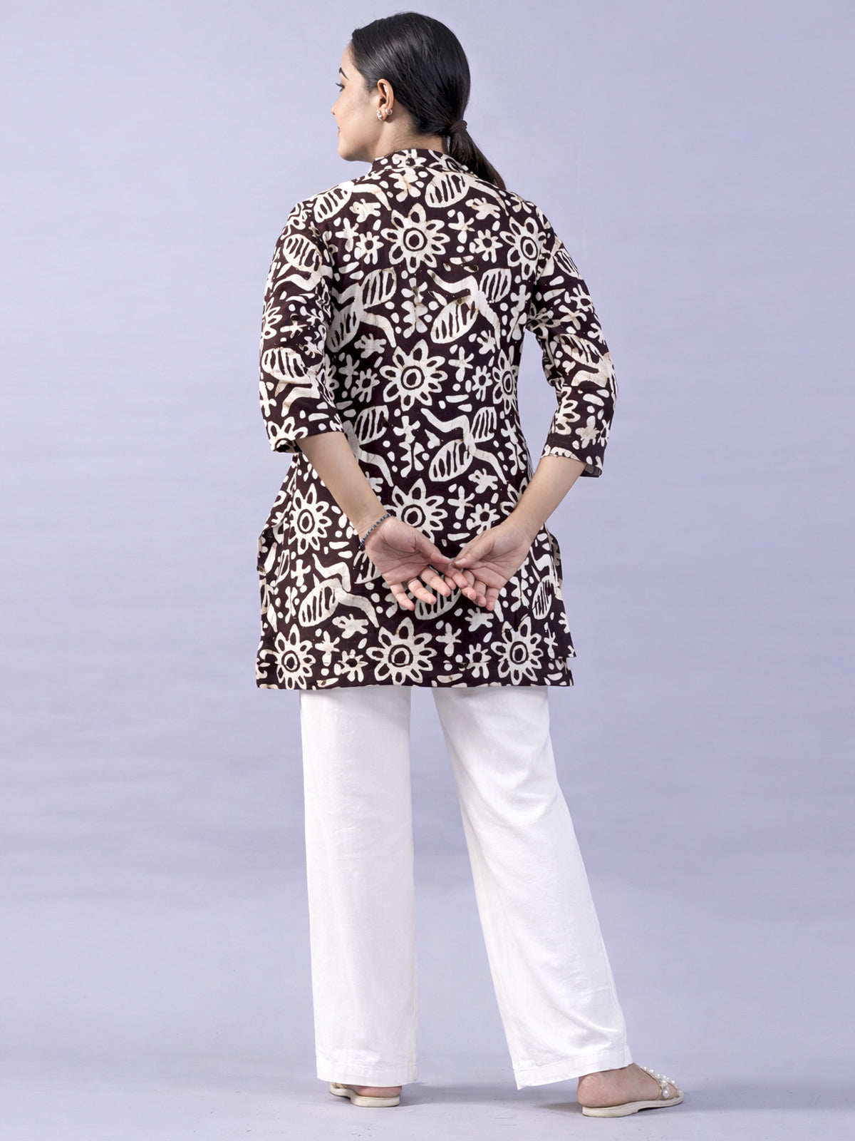 Brown Cotton Block Print Short Kurti