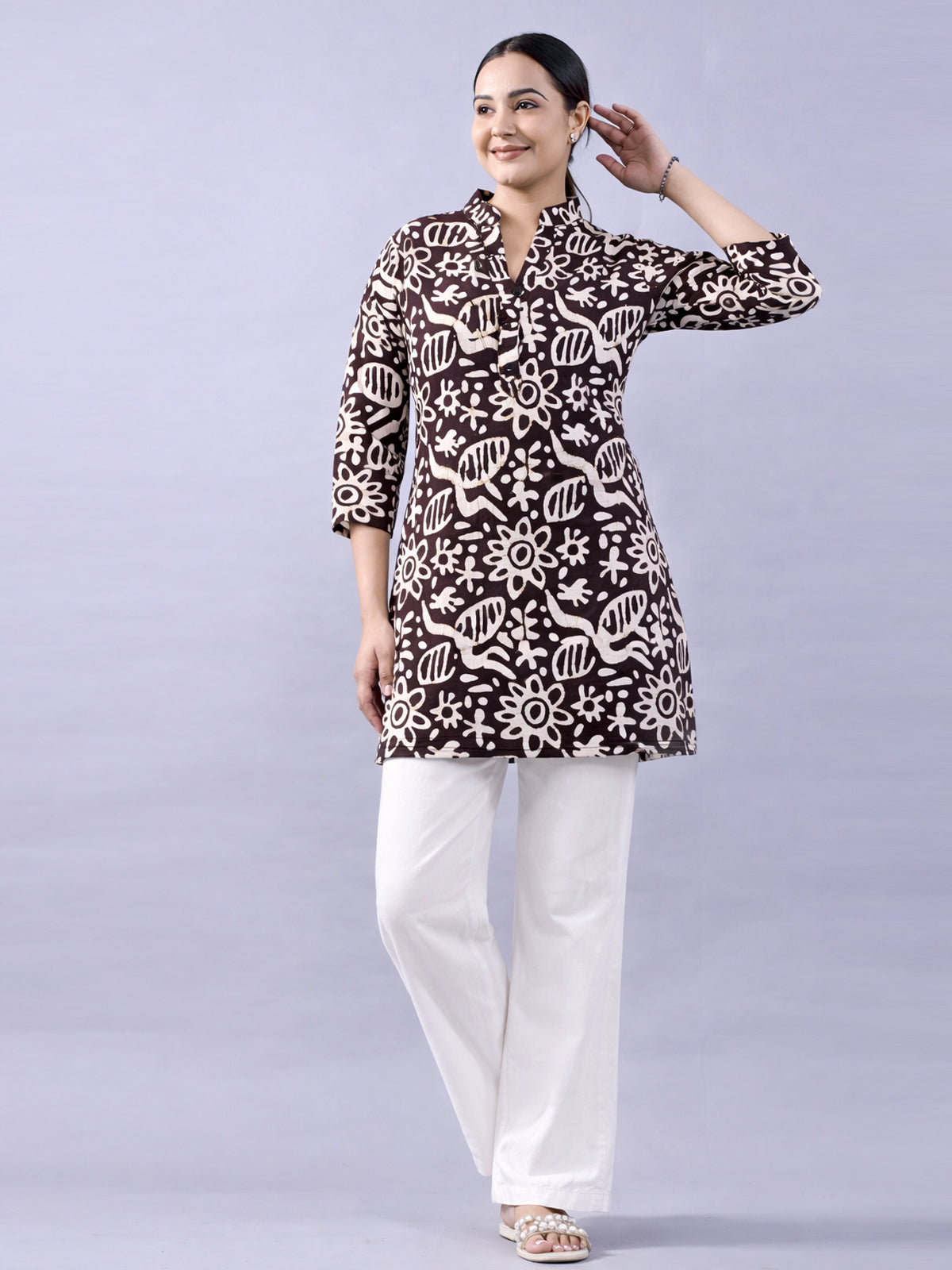 Brown Cotton Block Print Short Kurti