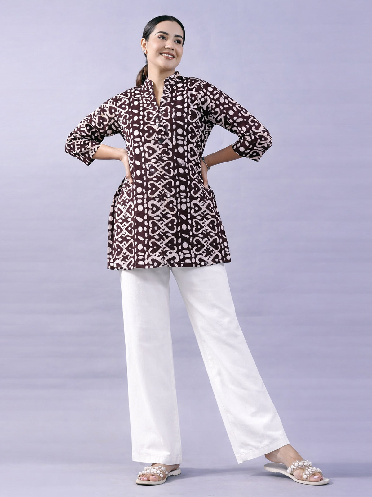 Brown Cotton Block Print Short Kurti