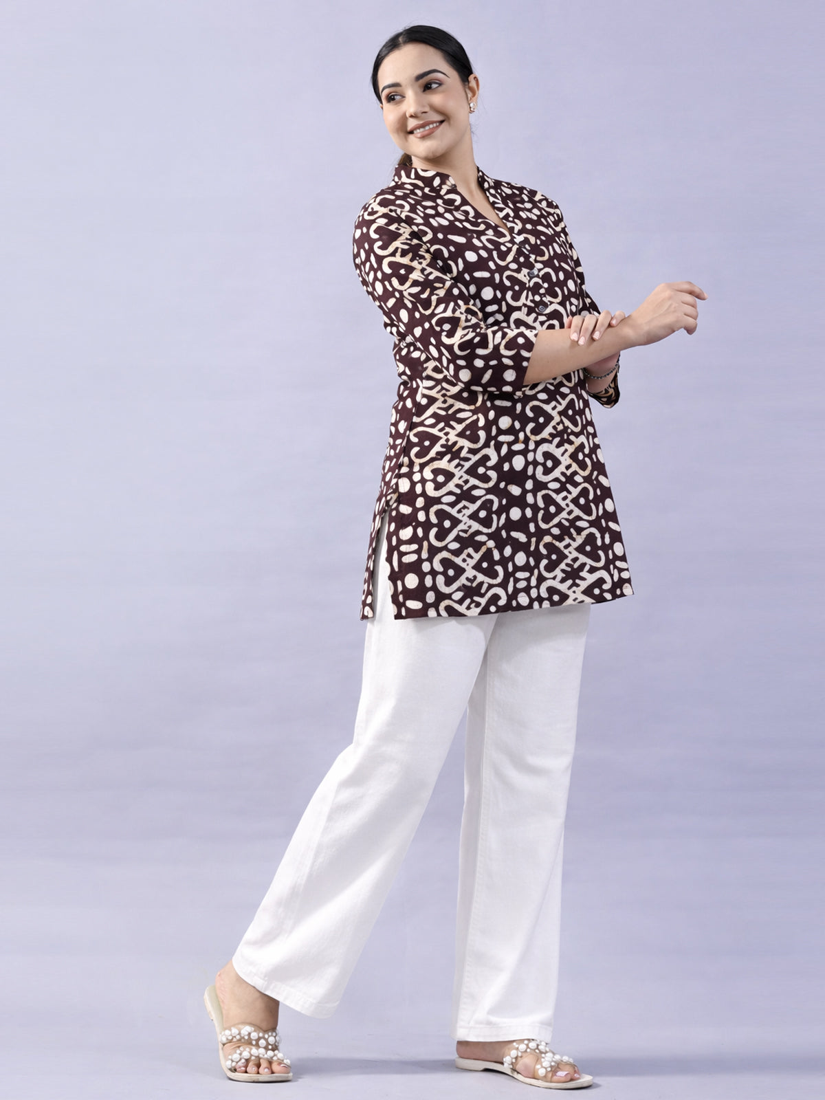 Brown Cotton Block Print Short Kurti