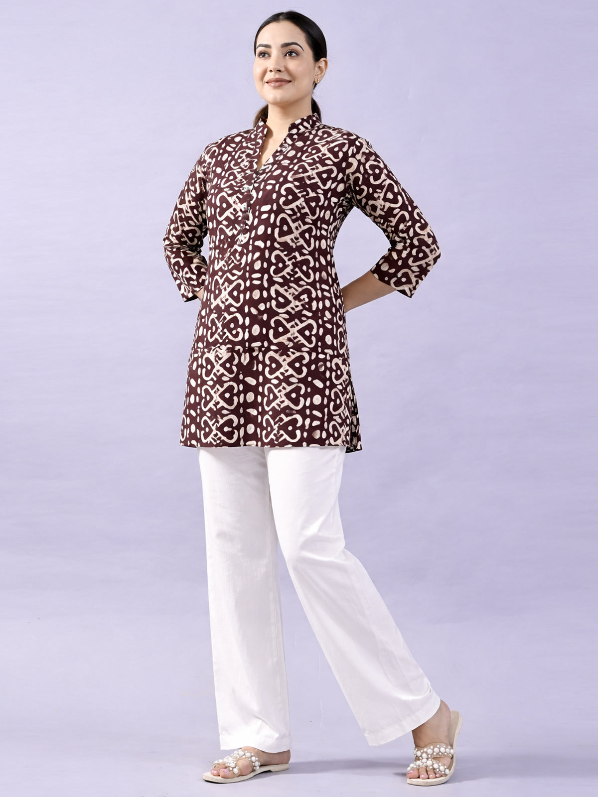 Brown Cotton Block Print Short Kurti
