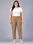 Brown Regular Fit Elastic Plus Sizes Cotton Trouser