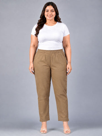 Brown Regular Fit Elastic Plus Sizes Cotton Trouser