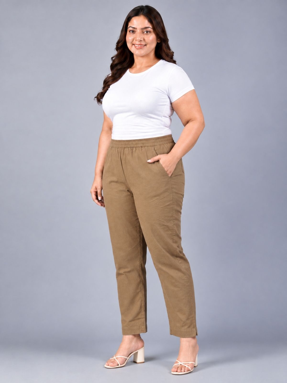 Brown Regular Fit Elastic Plus Sizes Cotton Trouser