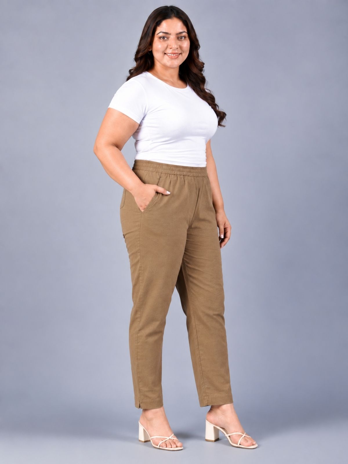 Brown Regular Fit Elastic Plus Sizes Cotton Trouser
