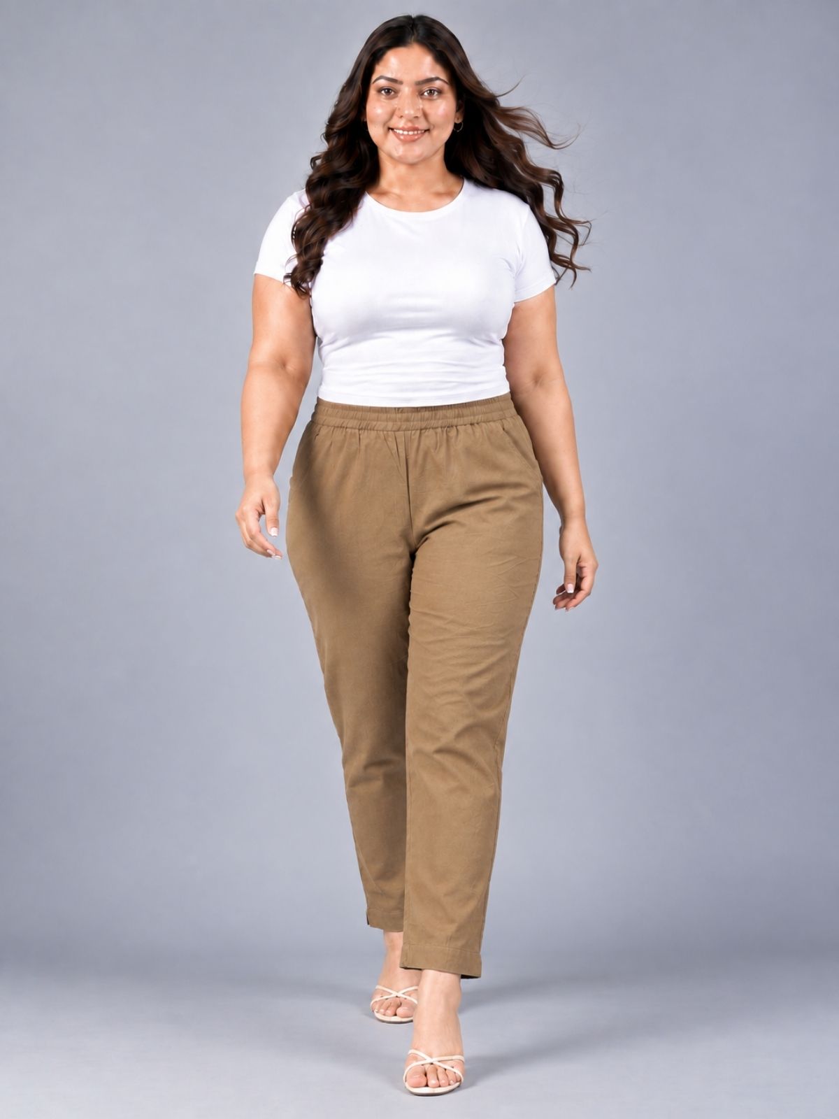 Brown Regular Fit Elastic Plus Sizes Cotton Trouser
