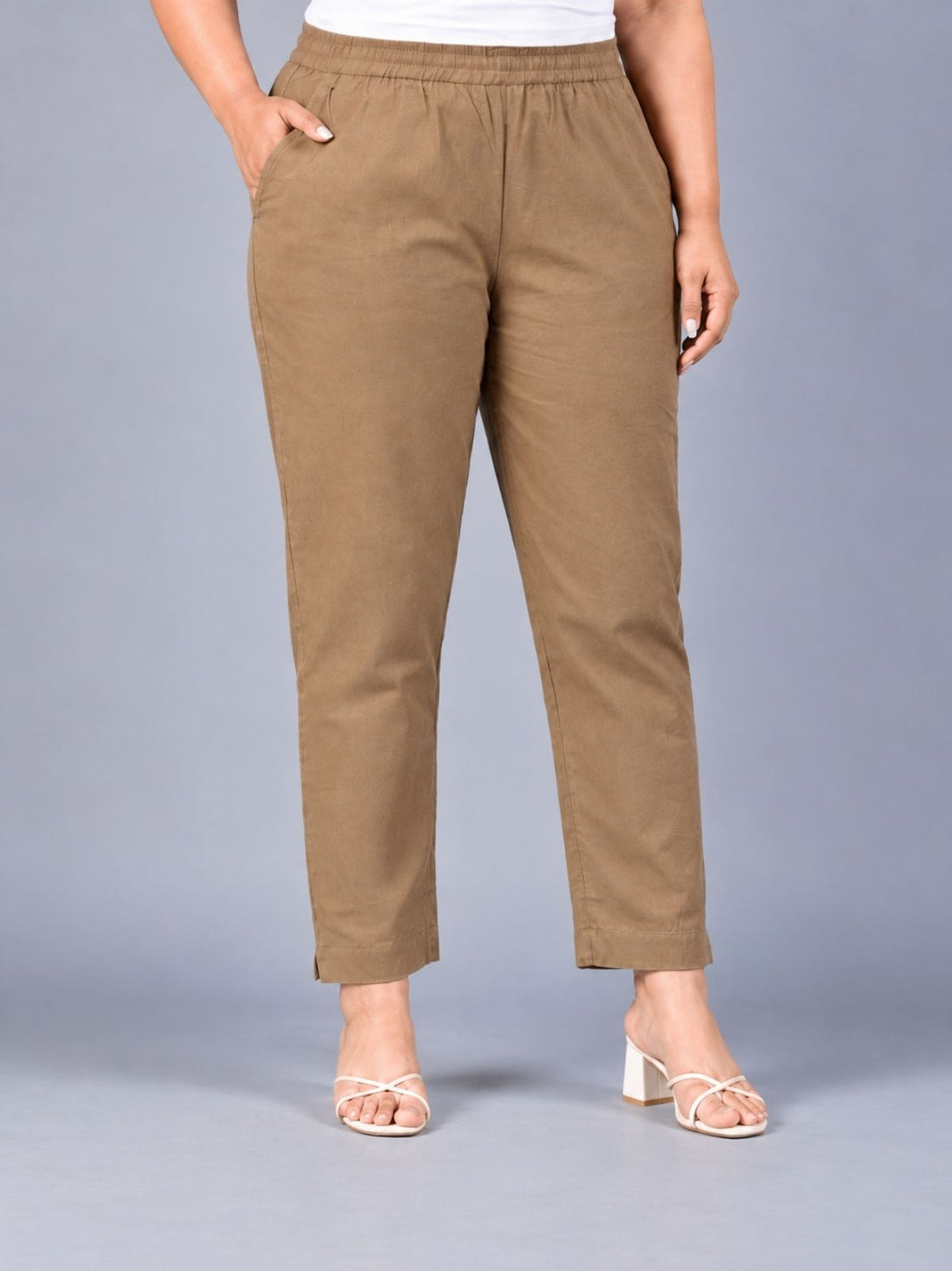 Brown Regular Fit Elastic Plus Sizes Cotton Trouser