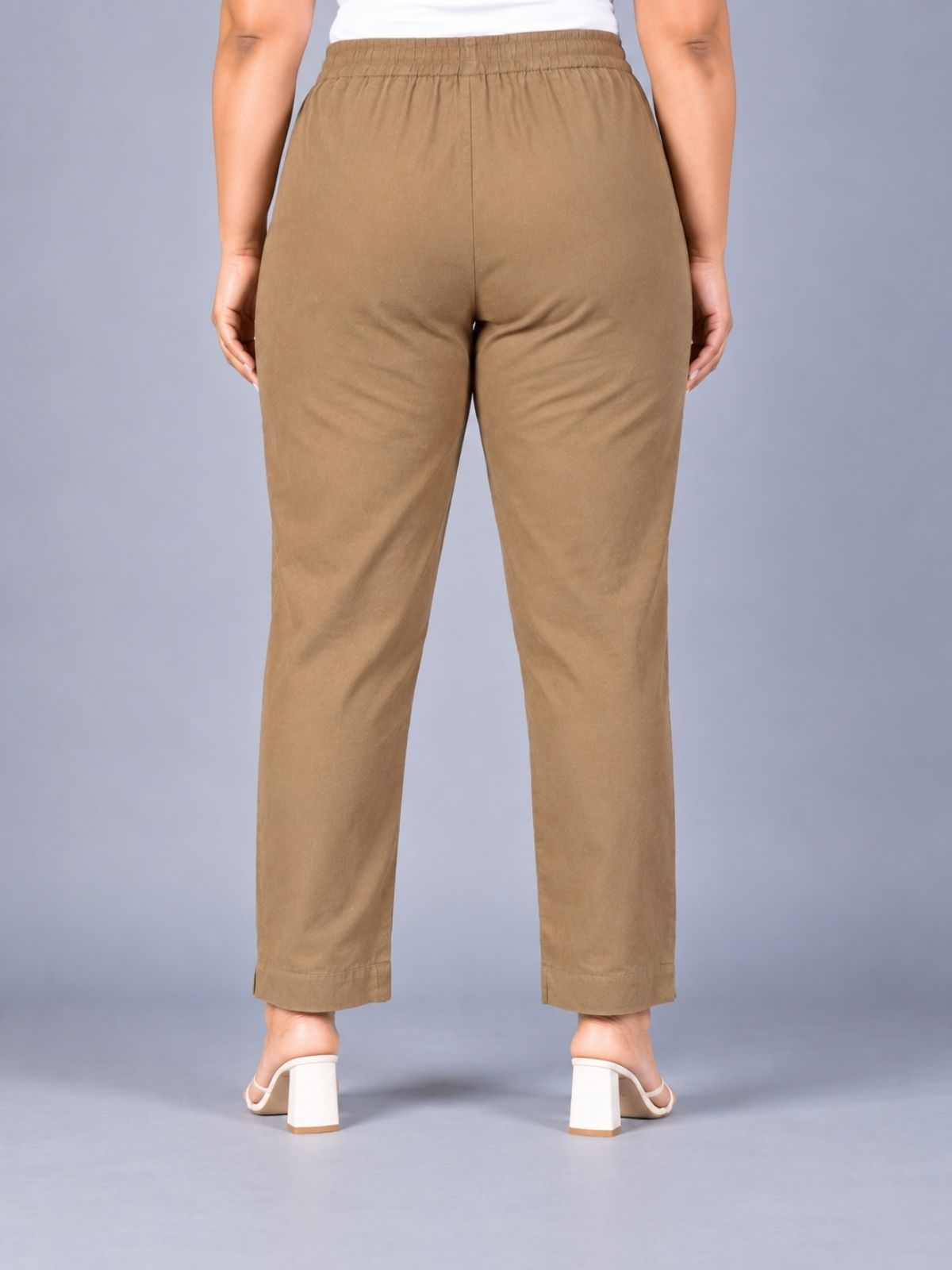 Brown Regular Fit Elastic Plus Sizes Cotton Trouser
