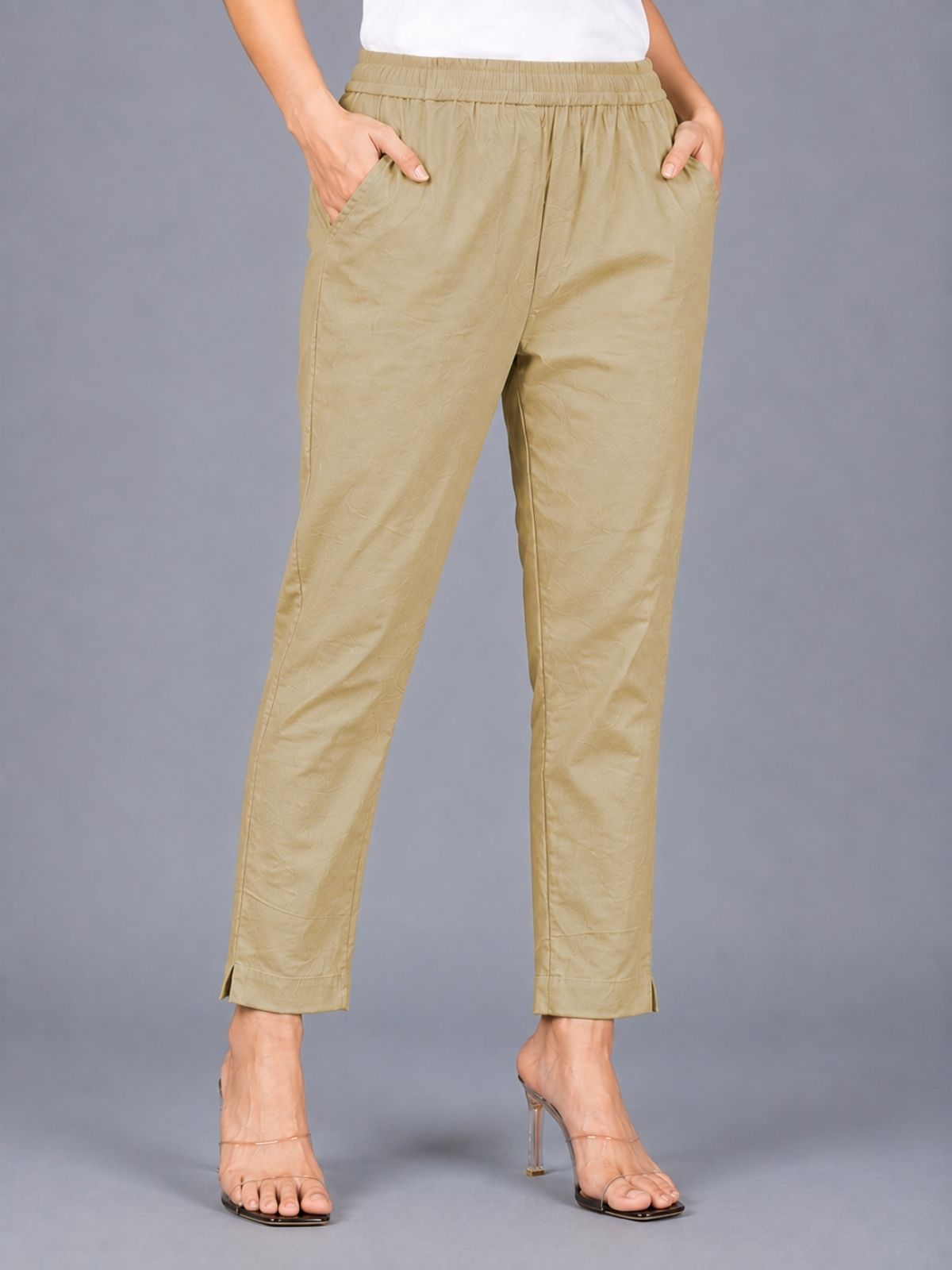 Beige & Mehendi Regular Fit Elastic Cotton Trouser Combo