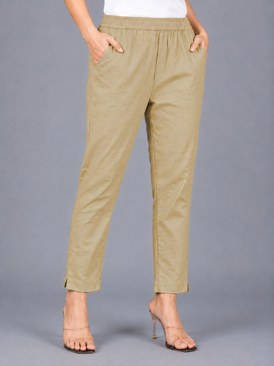 Beige & Navyblue Regular Fit Elastic Cotton Trouser Combo