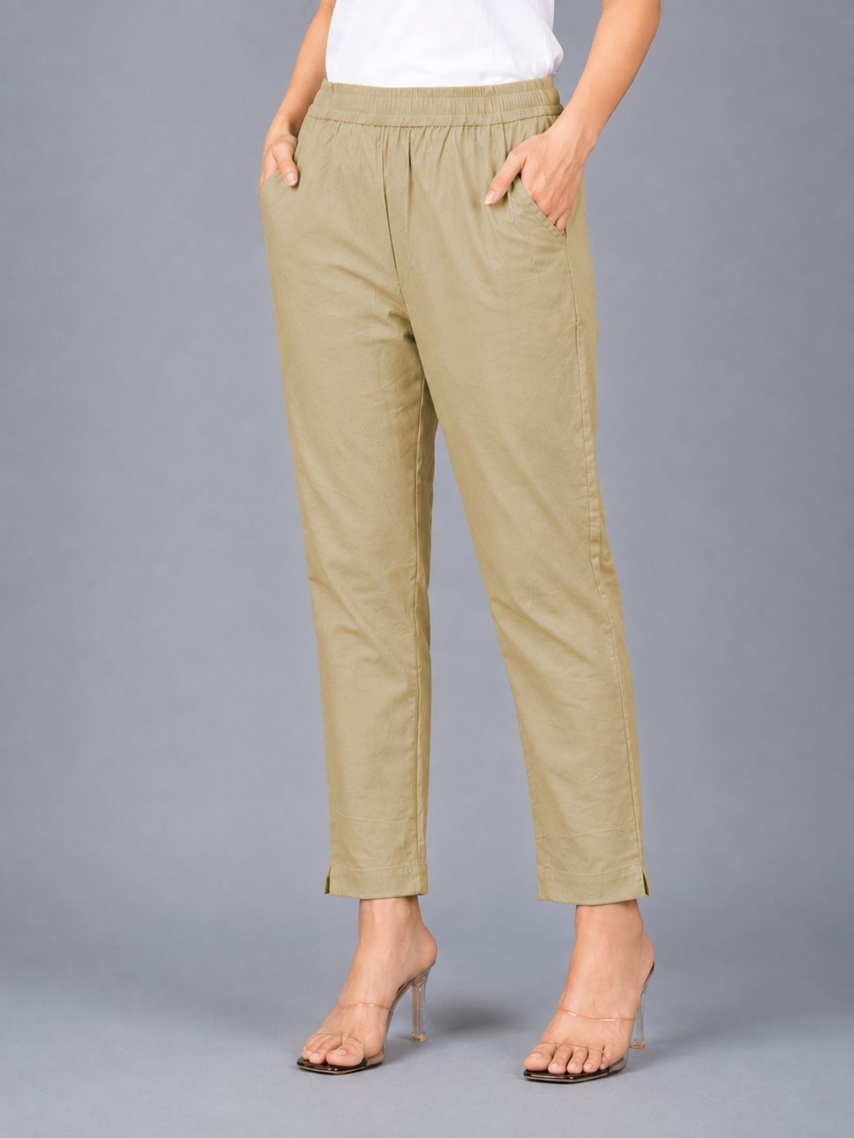 Beige & Bottle Green Regular Fit Elastic Cotton Trouser Combo