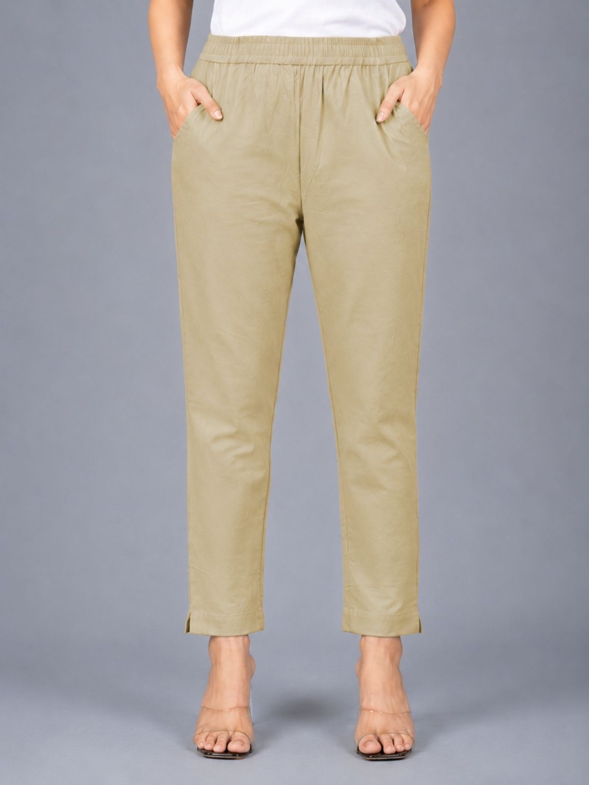 Beige & White Regular Fit Elastic Cotton Trouser Combo