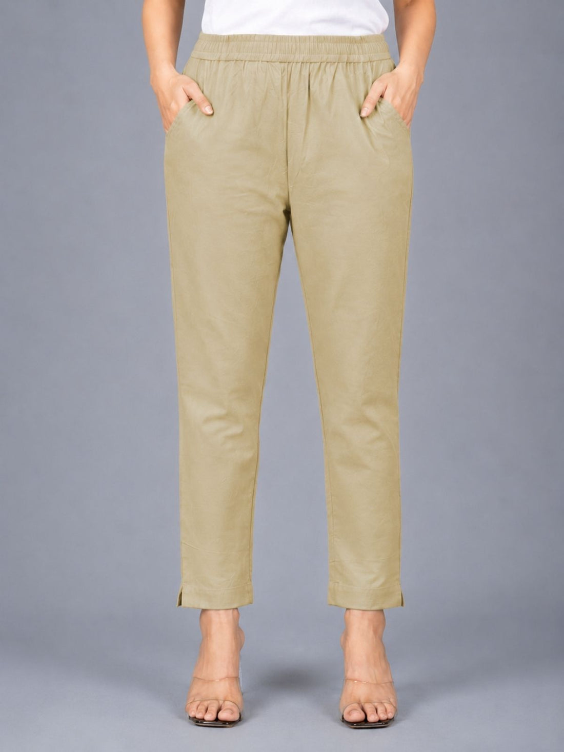 Beige & Cyan Regular Fit Elastic Cotton Trouser Combo