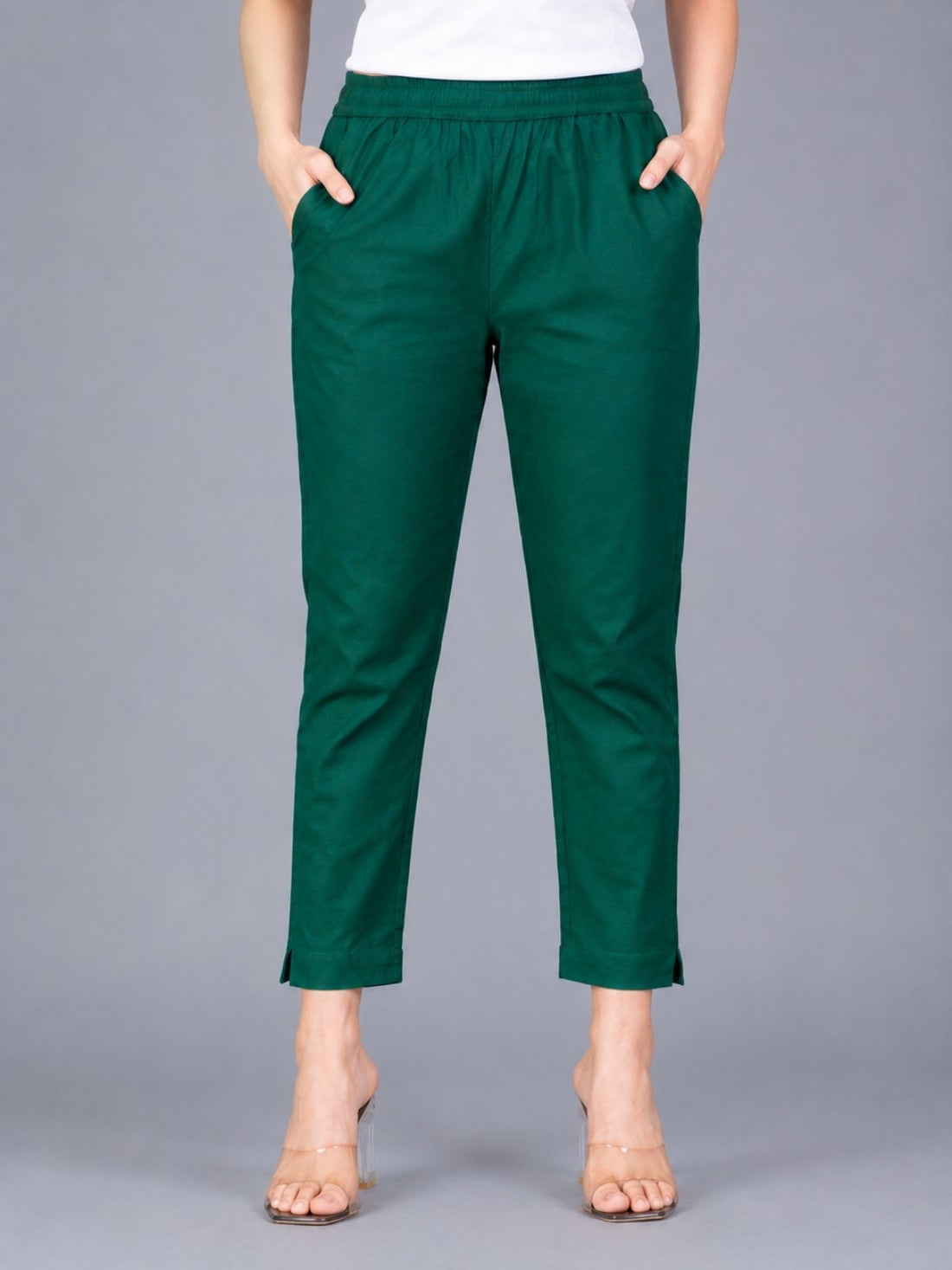 Bottle Green & Denimblue Regular Fit Elastic Cotton Trouser Combo