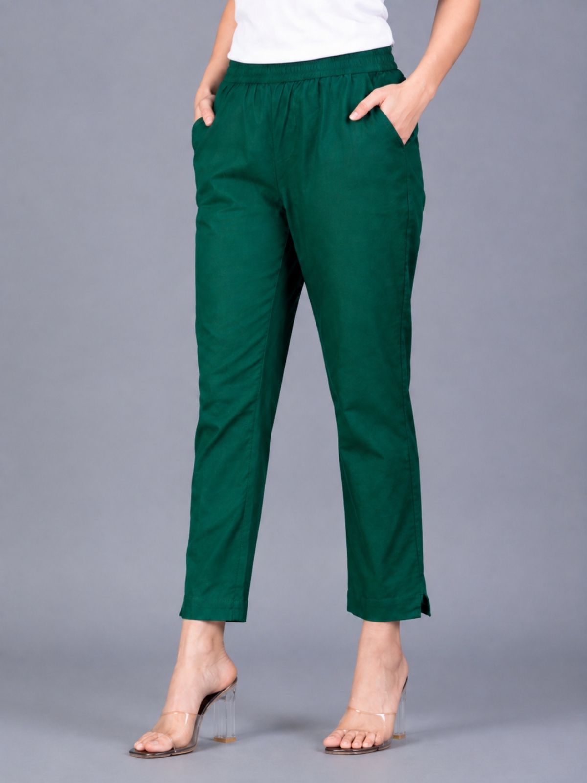 Bottle Green & Cream Regular Fit Elastic Cotton Trouser Combo