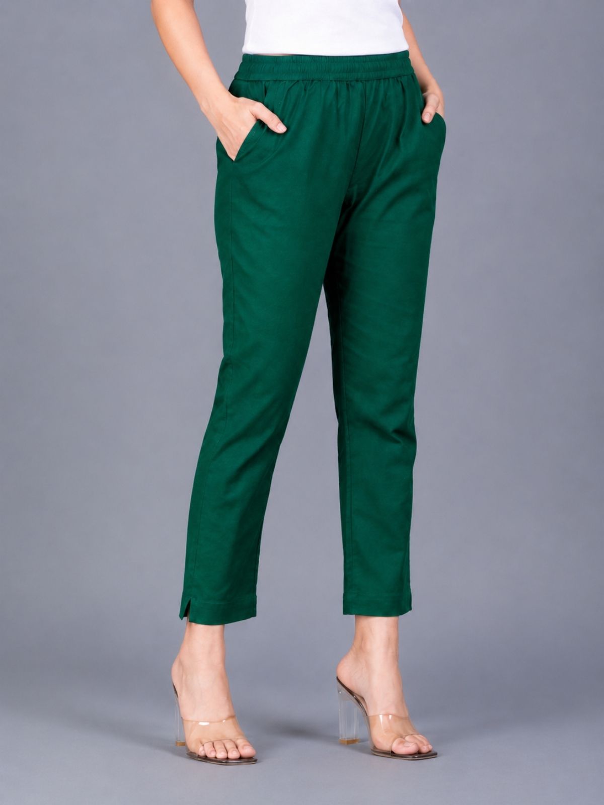 Beige & Bottle Green Regular Fit Elastic Cotton Trouser Combo
