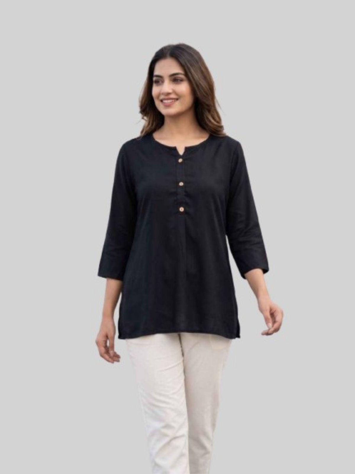 Women Black & Peach Rayon Short Kurti