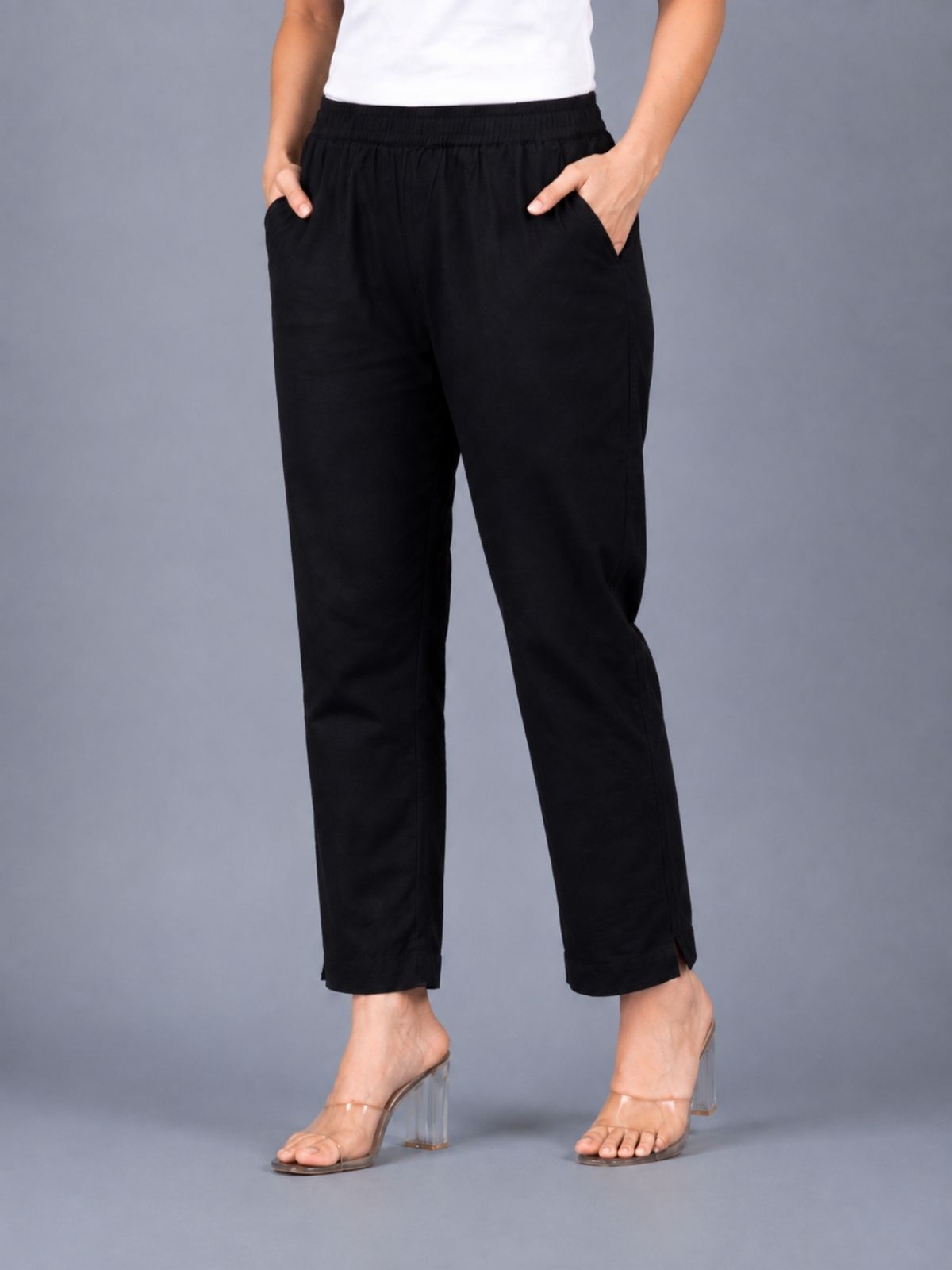 Beige & Black Regular Fit Elastic Cotton Trouser Combo