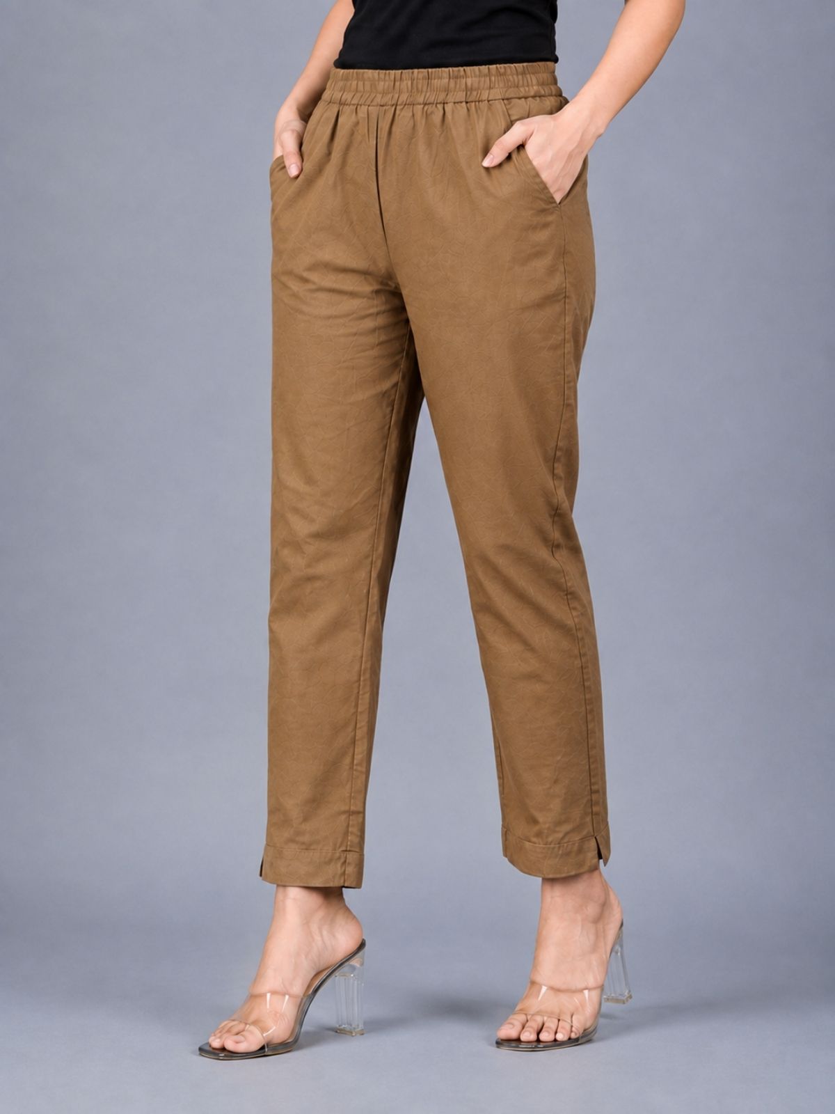 Brown & White Regular Fit Elastic Cotton Trouser Combo